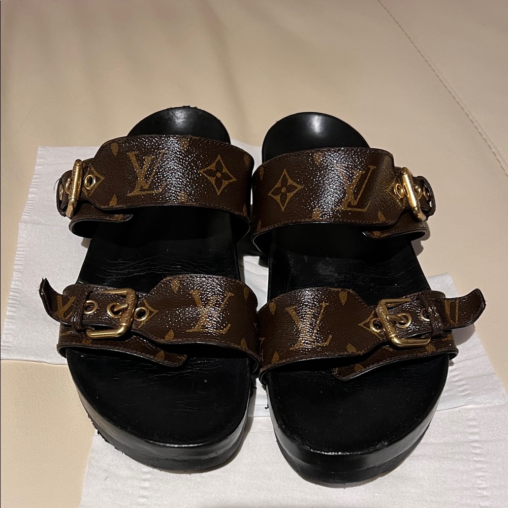 Louis Vuitton Monogram Brown Sandals with Gold Buckles